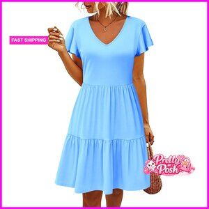 V-Neck Ruffle Sleeve A-Line Dress with Pockets, Casual Summer